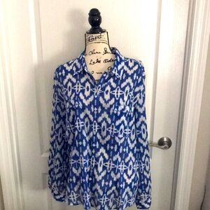 Chico’s Blue and White Patterned Blouse.